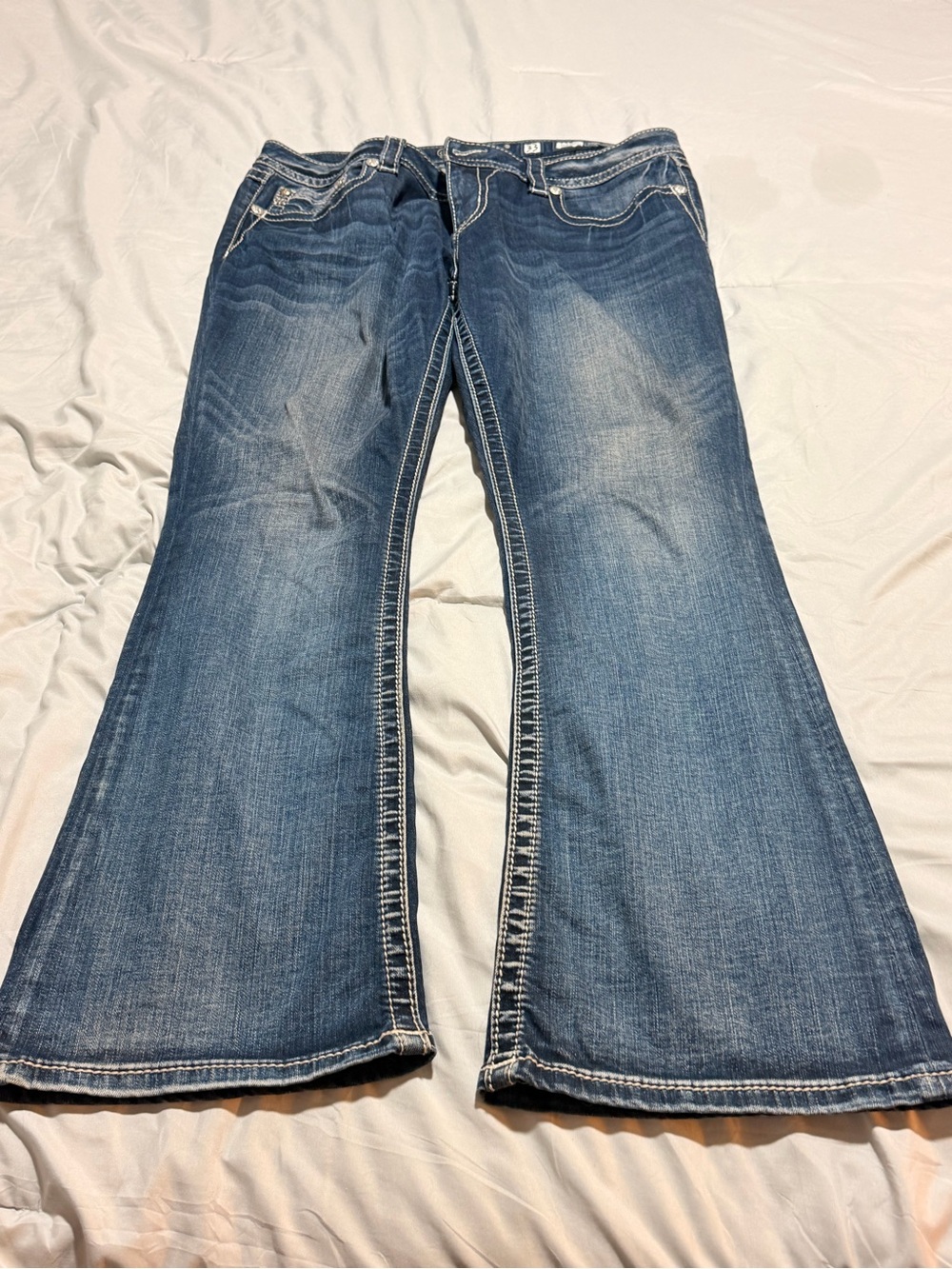 Miss Me Medium Blue Flare Jeans with Contrast Stitching
